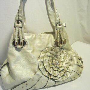 Metallic beige Rhinestone stud flower large purse handbag